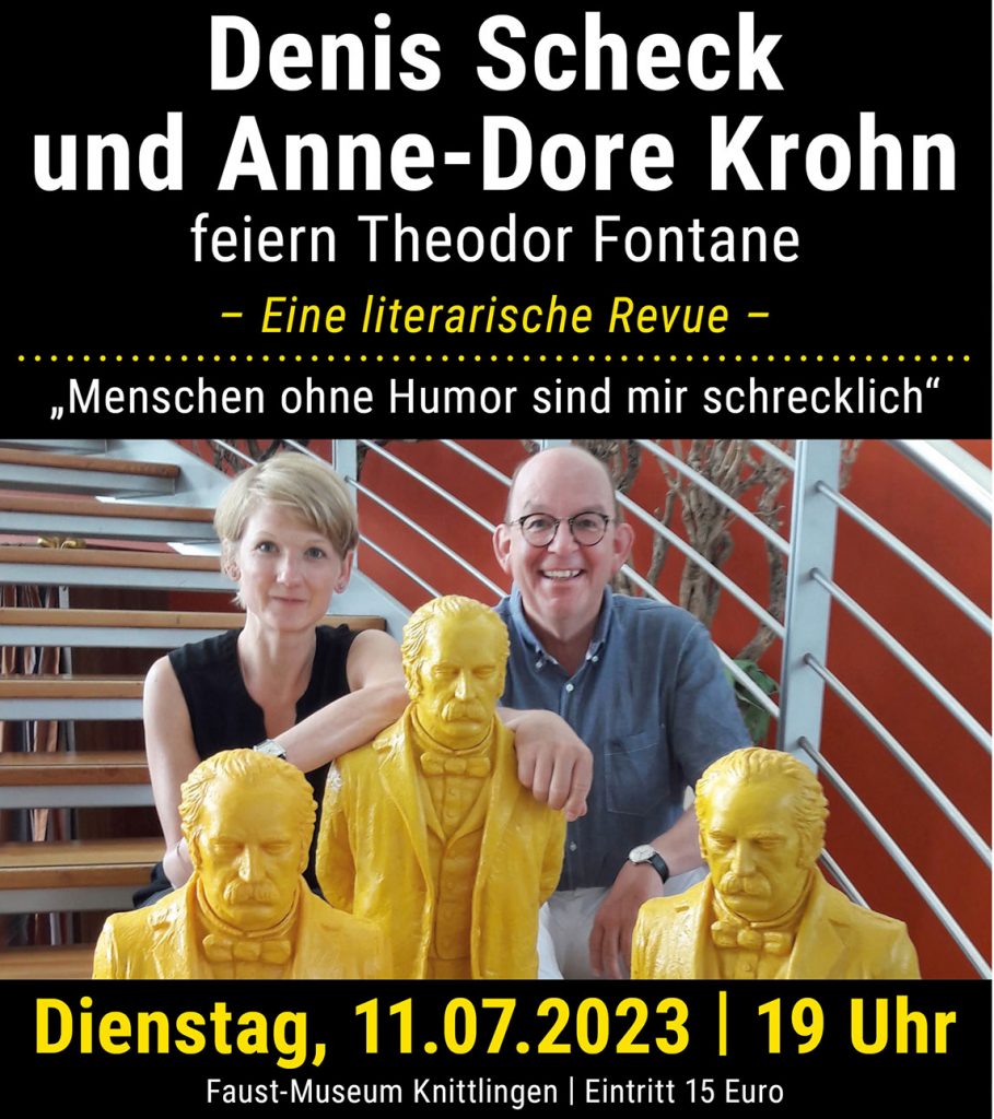 Veranstaltungsplakat: Denis Scheck und Anne-Dore Krohn feiern Theodor Fontane