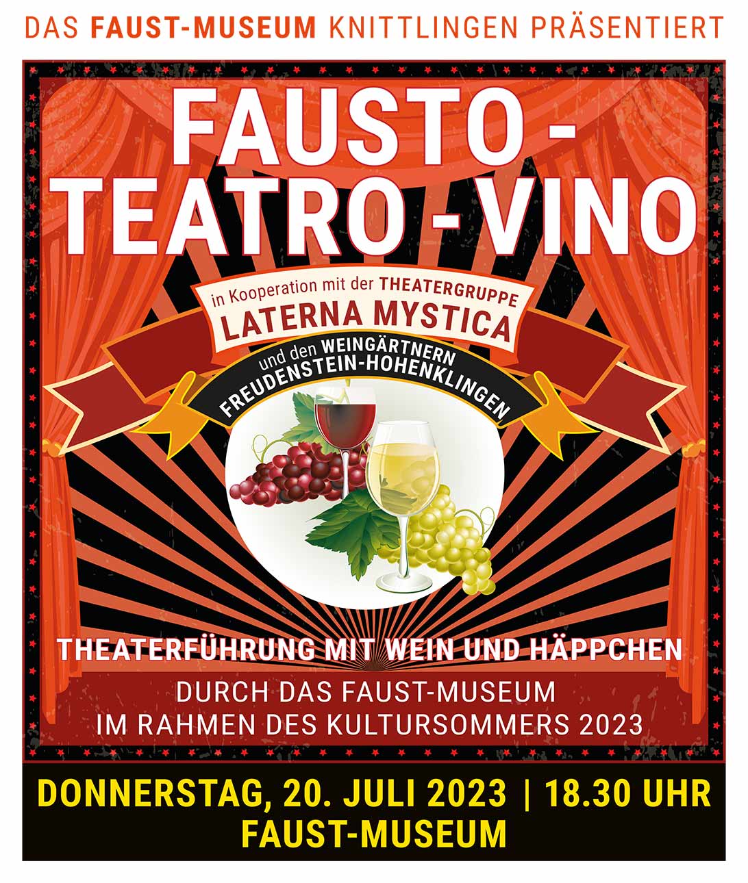 Kultursommer 2023 – Veranstaltungsplakat: Fausto – Teatro – Vino